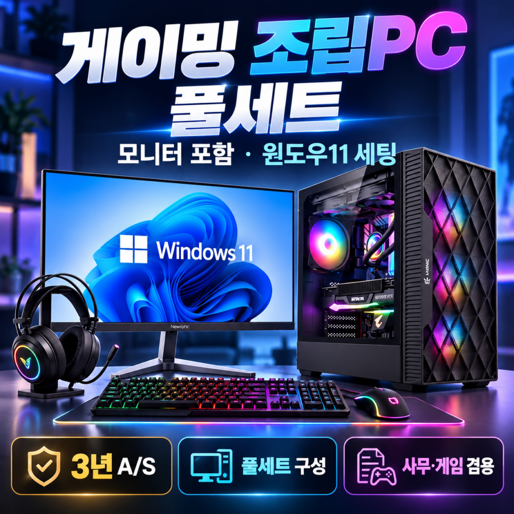 피씨오브플레이어 게이밍 조립PC 풀세트 모니터 포함 RX9060 16GB 윈도우11 고사양 컴퓨터 추천 제품 이미지